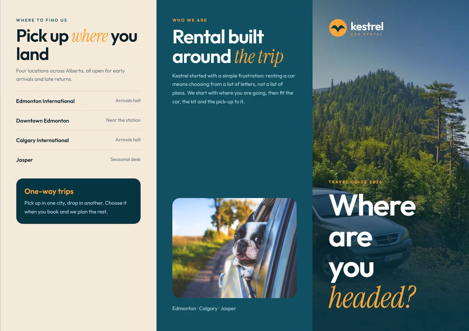 Kestrel Car Rental A4 tri-fold brochure, outside spread