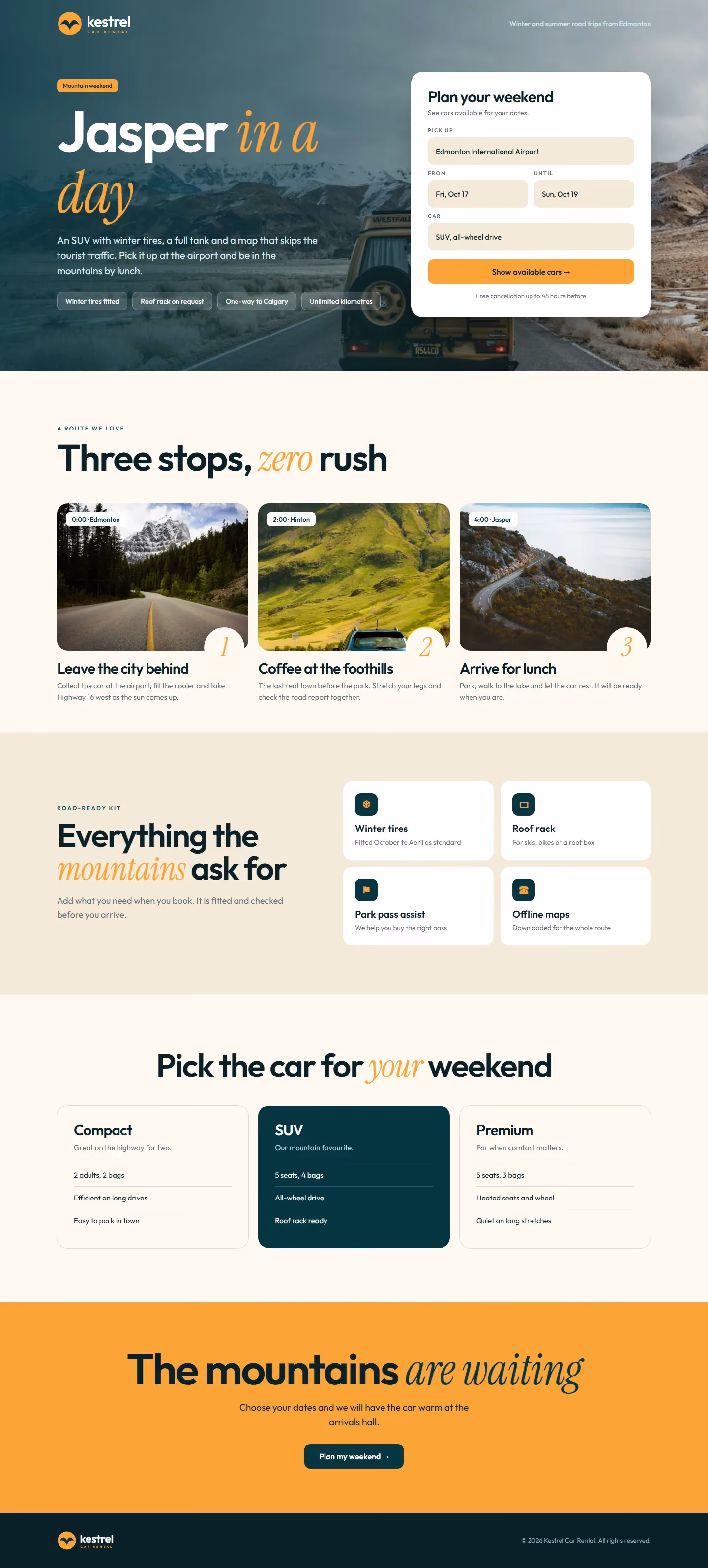 A landing page design with a headline, a booking form and a three-stop route