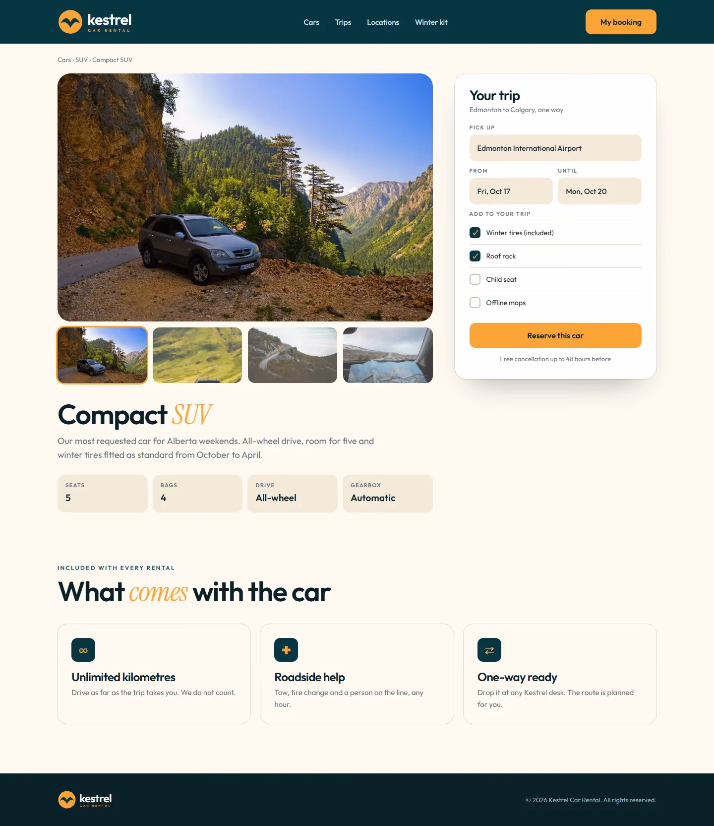Kestrel vehicle page with booking panel and included extras