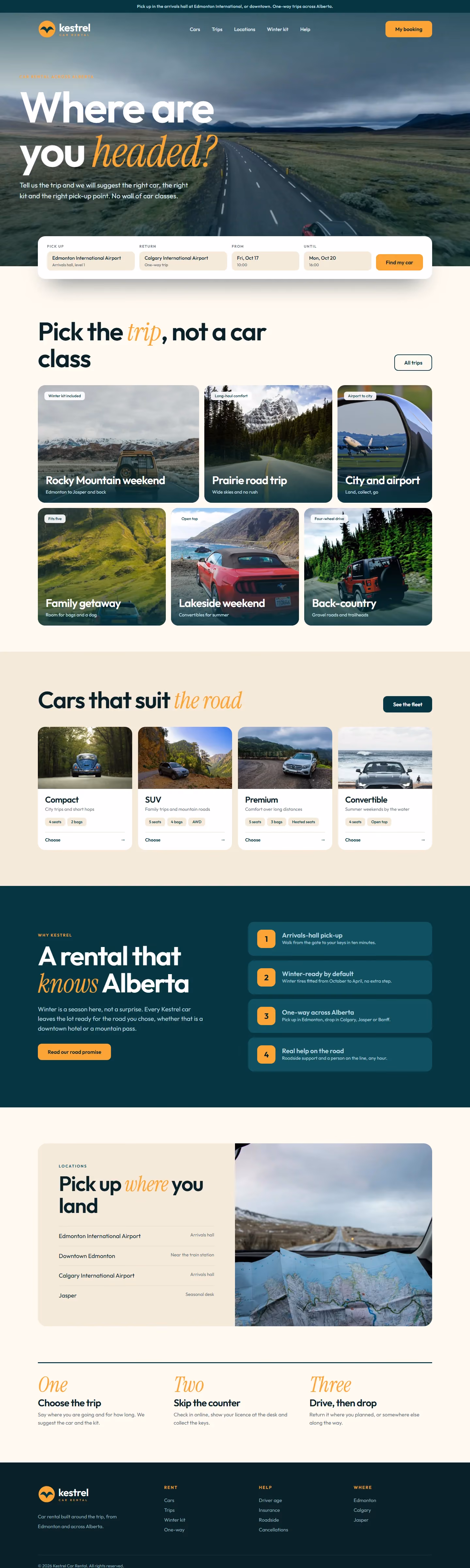 Kestrel Car Rental website home page on desktop