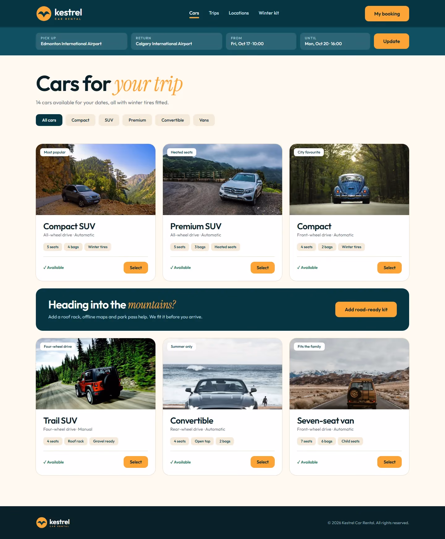 Kestrel fleet page with trip bar, car classes and kit suggestions