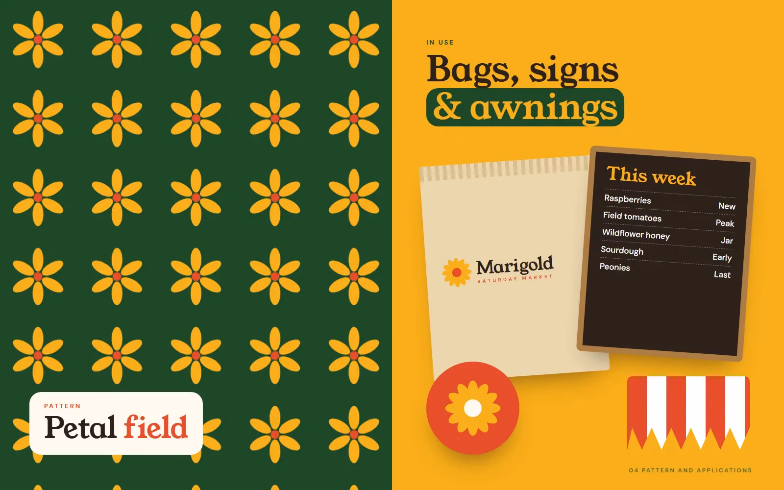 Marigold Saturday Market brand book pattern and applications
