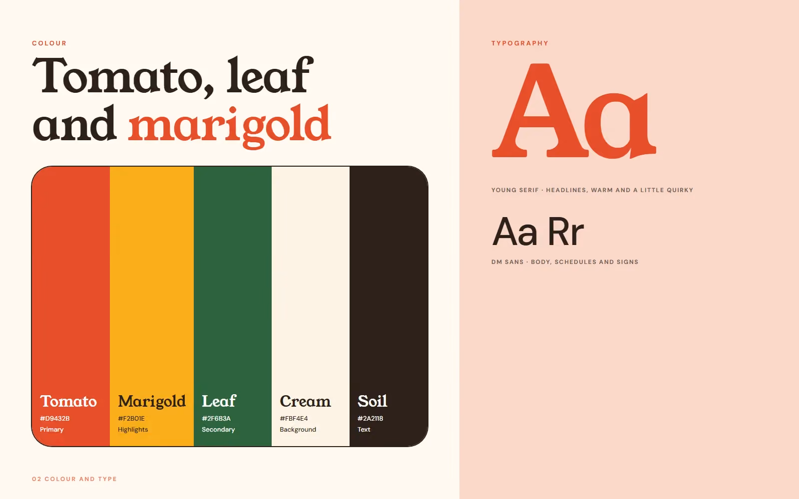 Marigold Saturday Market brand book colour palette and typography