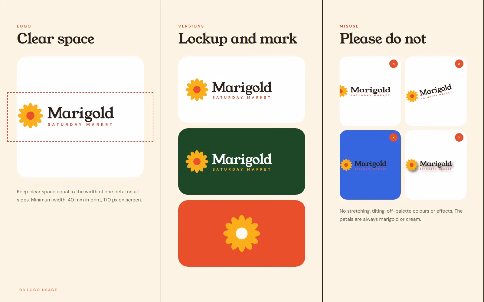 Marigold Saturday Market brand book logo clear space, versions and misuse