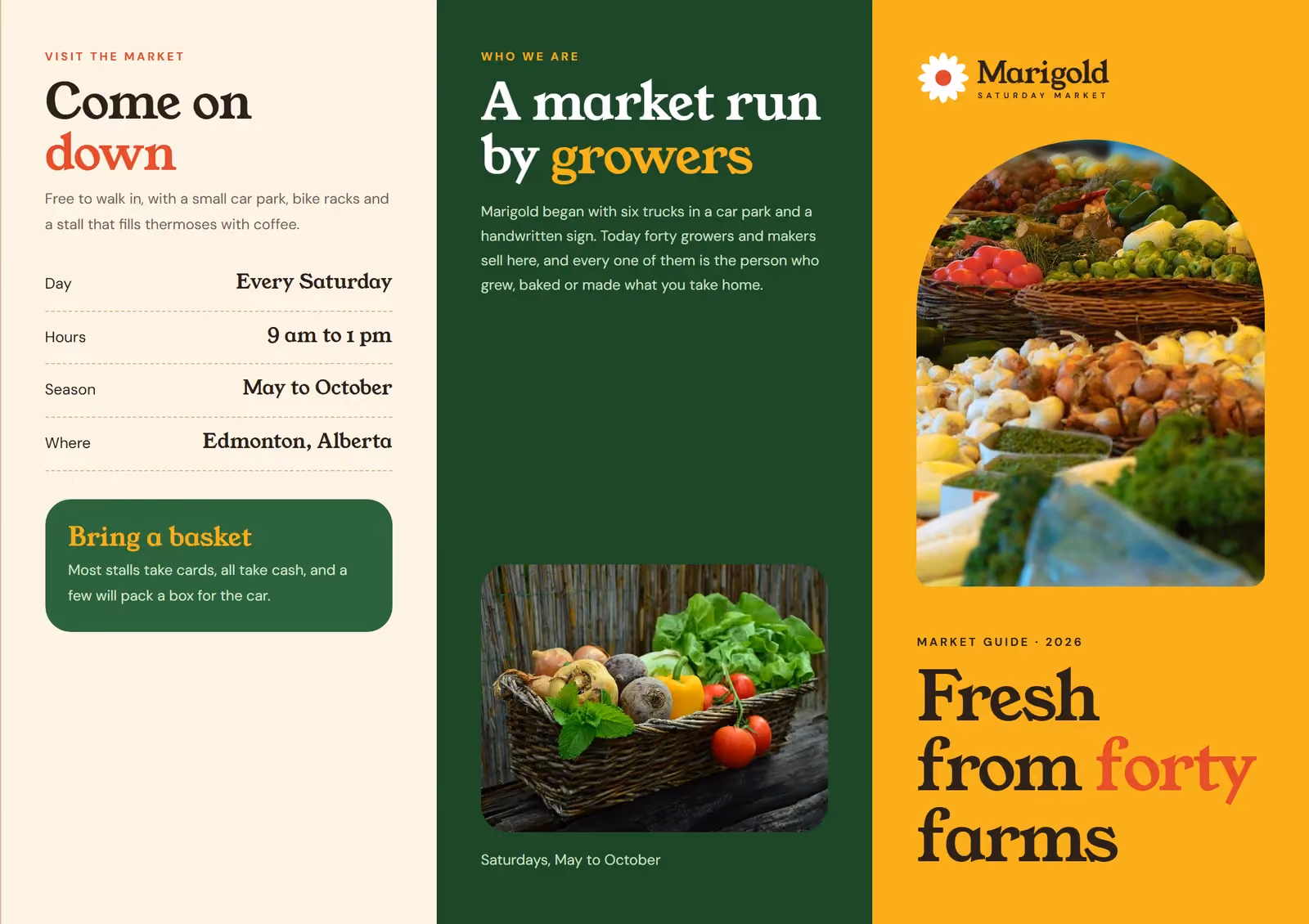 Marigold Saturday Market A4 tri-fold brochure, outside spread