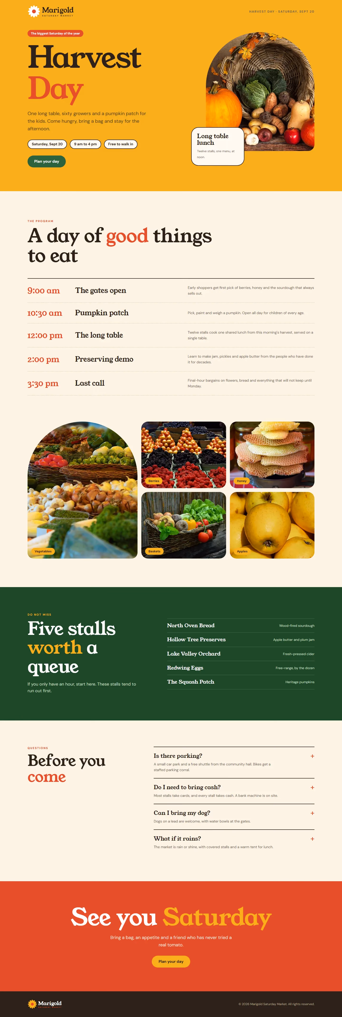Marigold Saturday Market campaign landing page with offer, steps and booking form