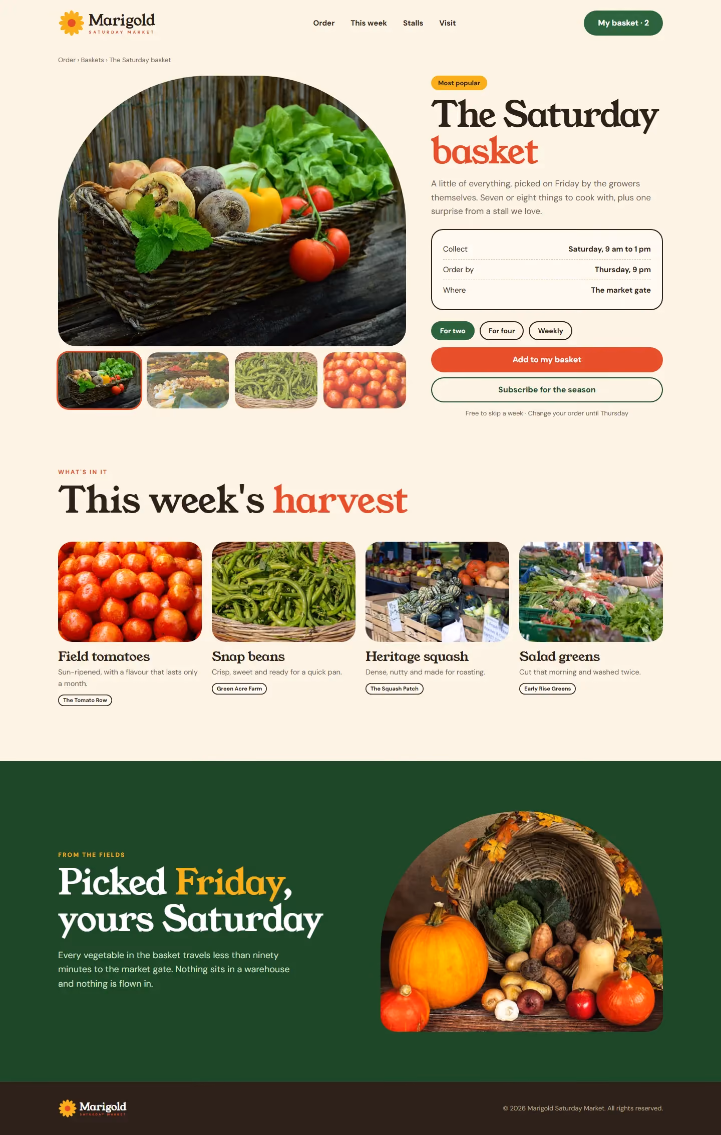 Marigold basket page with this week's contents and growers