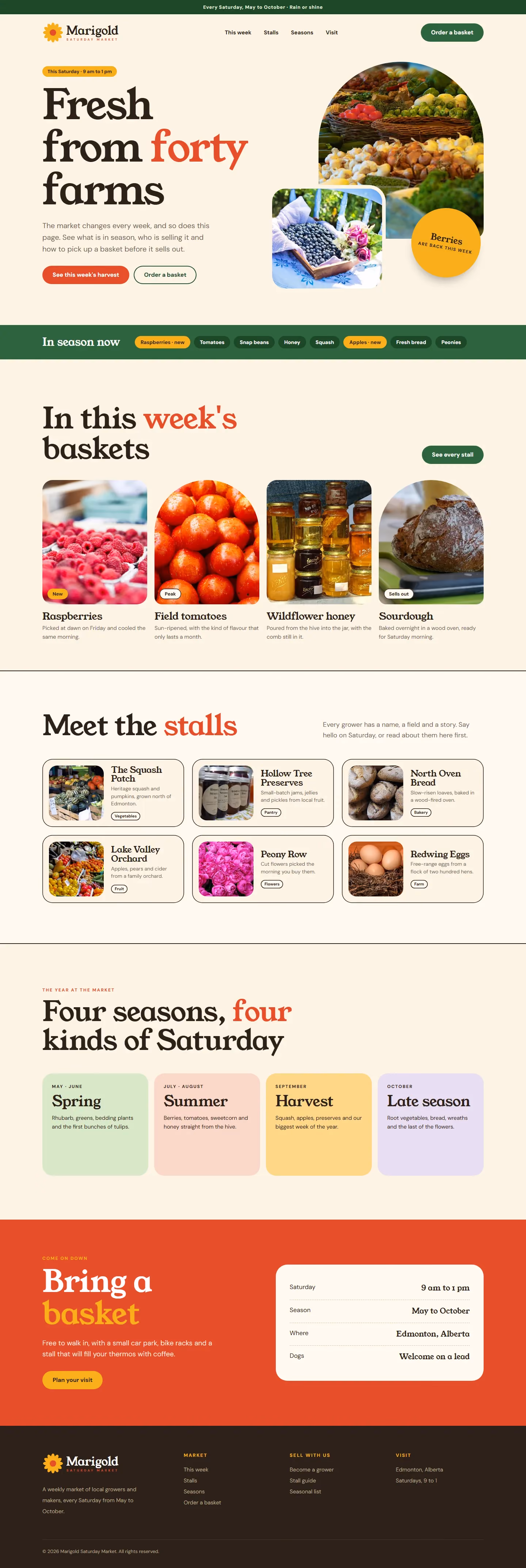 Marigold Saturday Market website home page on desktop
