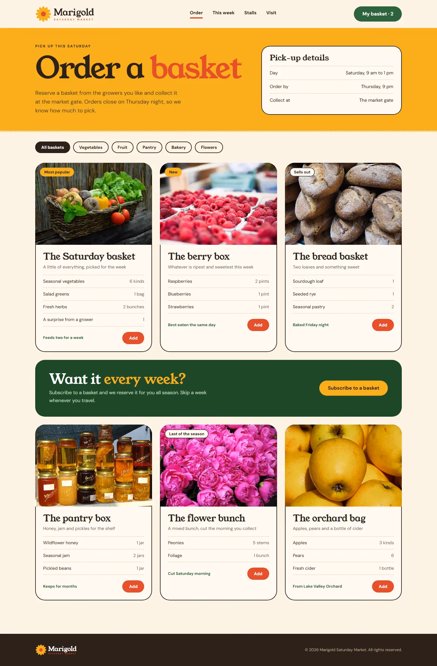 Marigold basket ordering page with pick-up details
