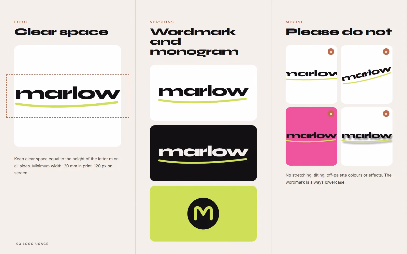 Marlow Footwear brand book logo clear space, versions and misuse