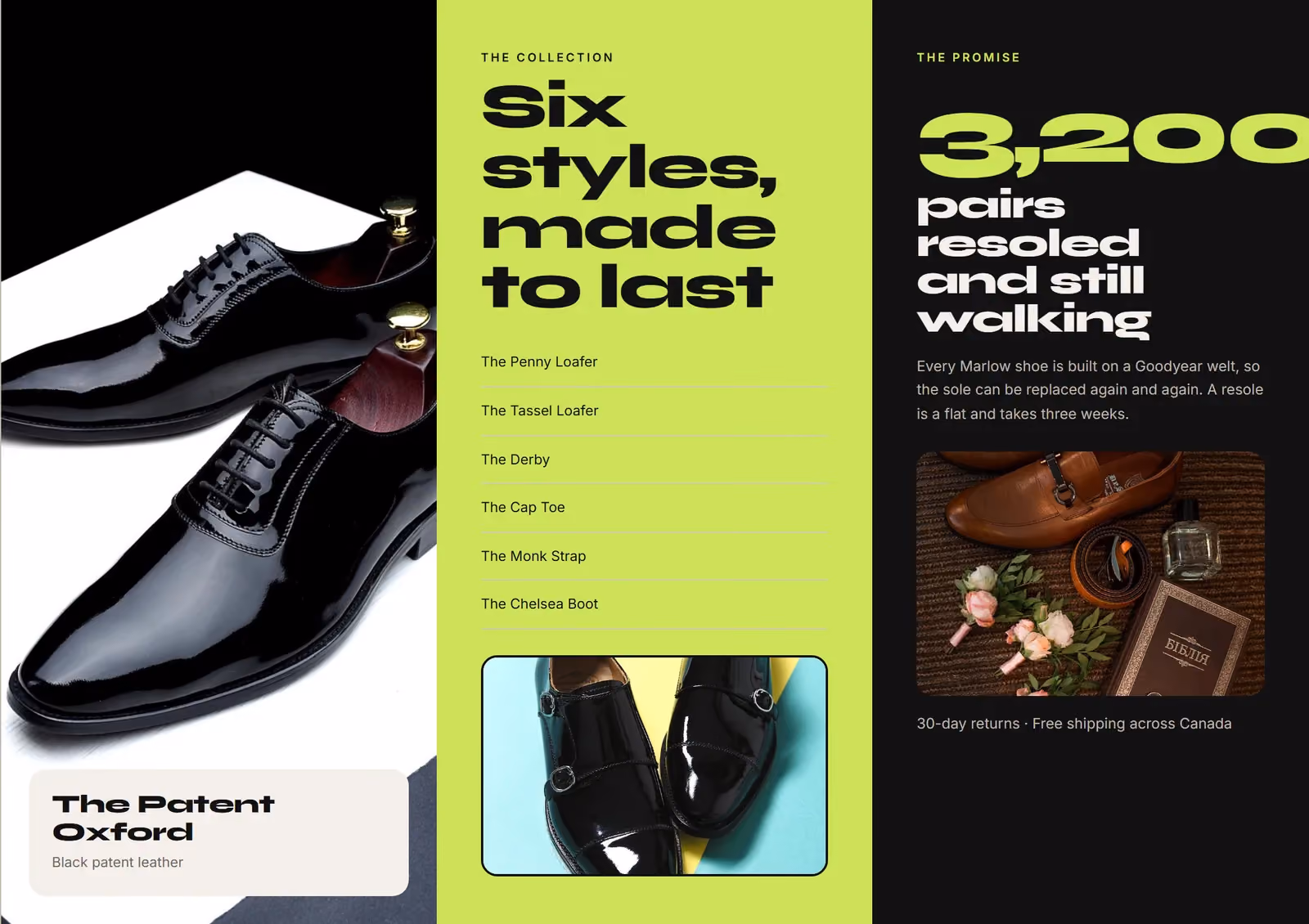 Marlow Footwear A4 tri-fold brochure, inside spread