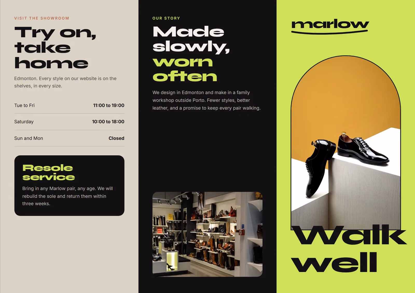 Marlow Footwear A4 tri-fold brochure, outside spread