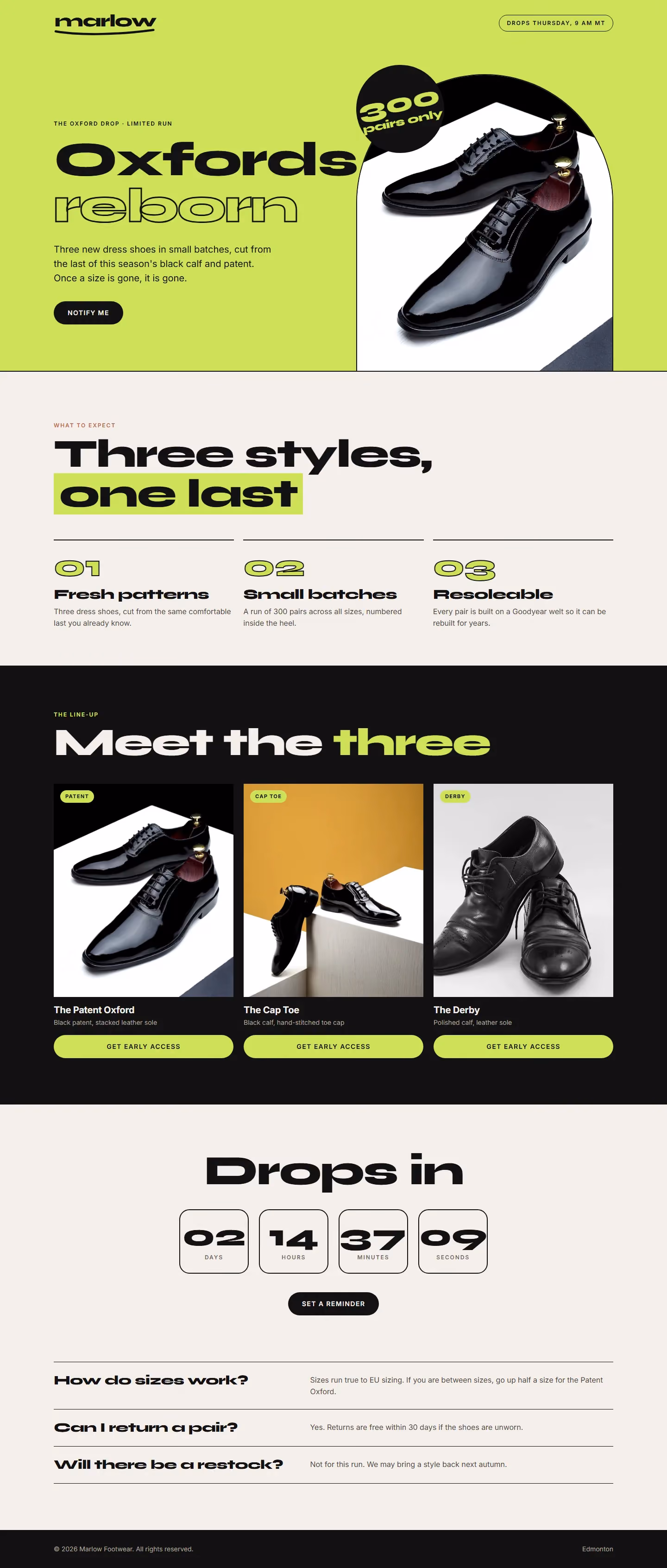 Marlow Footwear campaign landing page with offer, steps and booking form