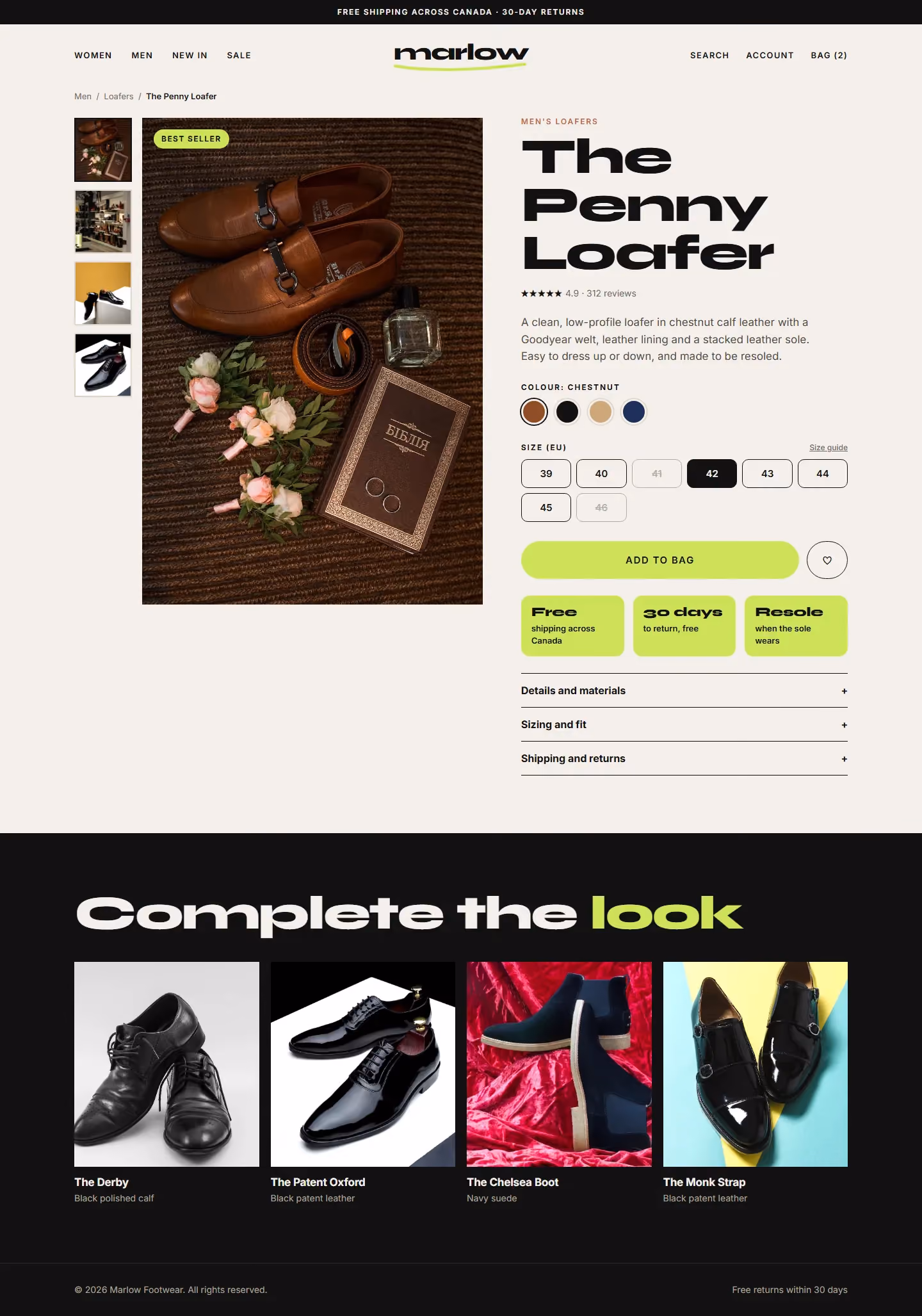 Marlow product page with gallery, size selector and recommendations