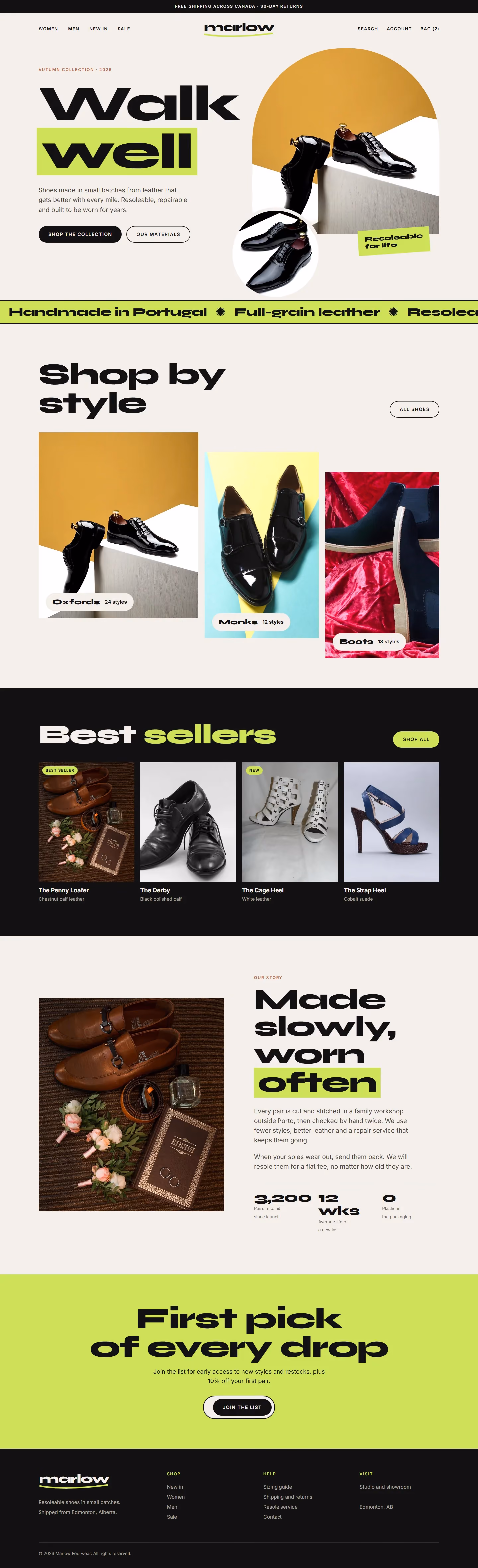 Marlow Footwear website home page on desktop