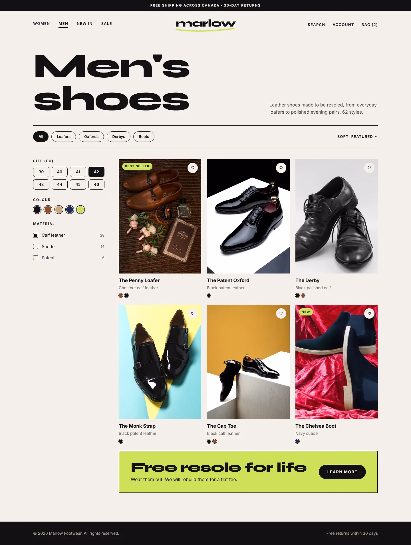 Marlow shoe category page with filters and product grid