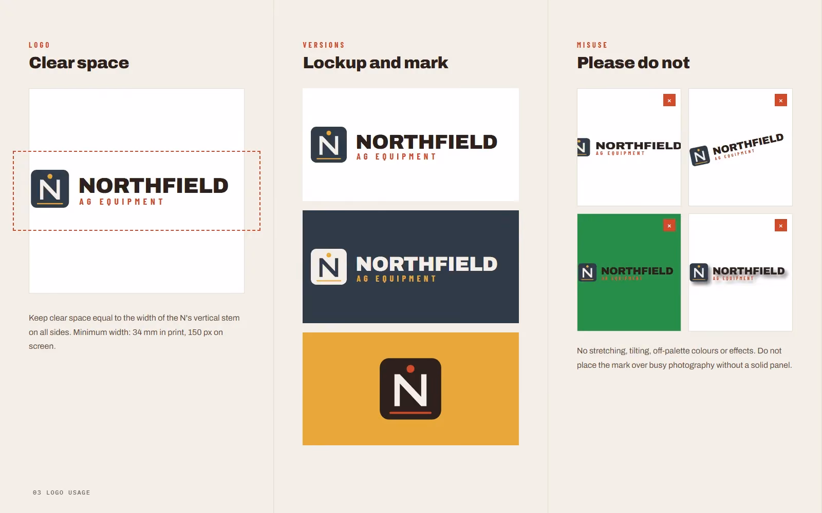 Northfield Ag Equipment brand book logo clear space, versions and misuse