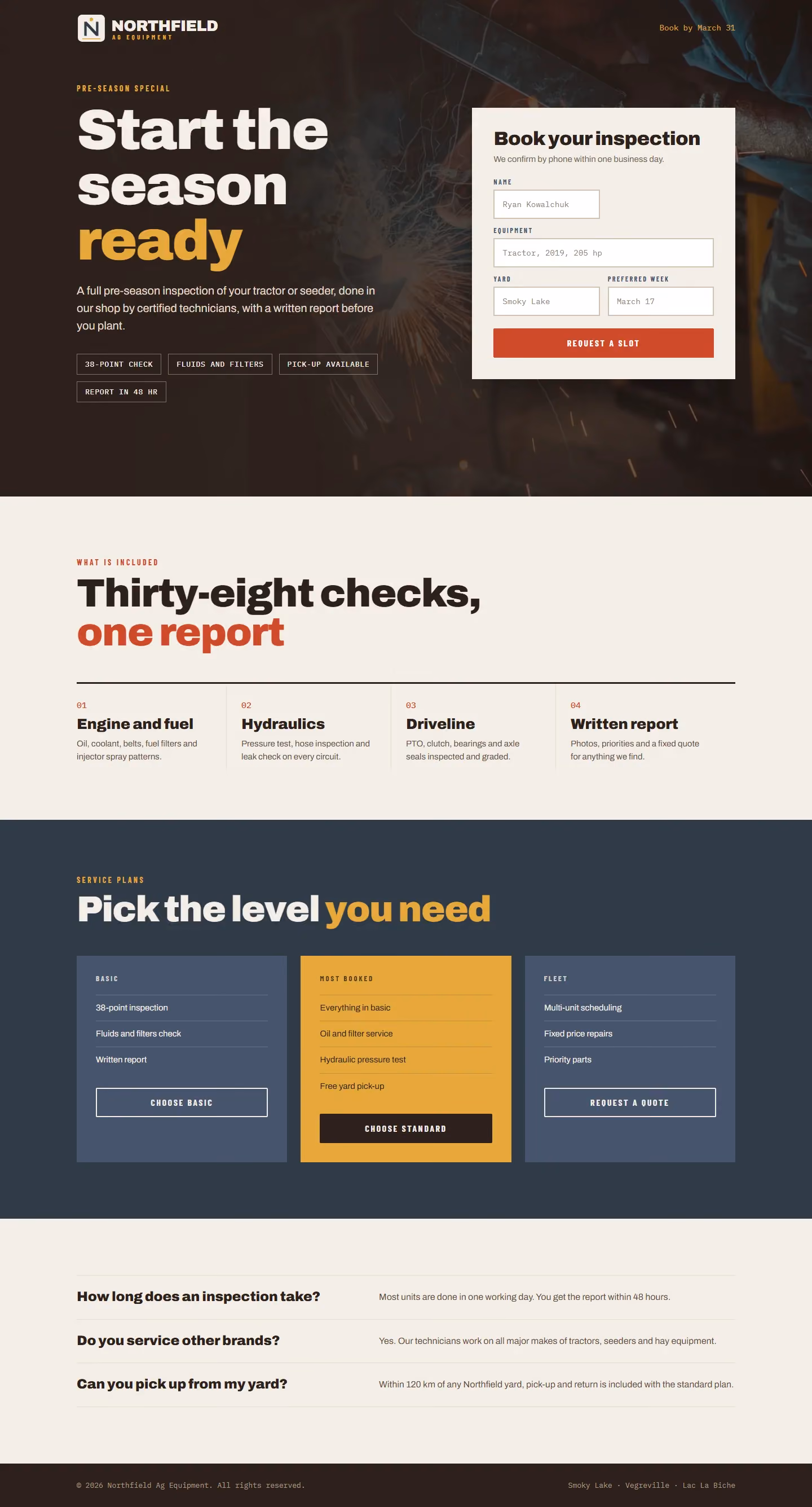Northfield Ag Equipment campaign landing page with offer, steps and booking form