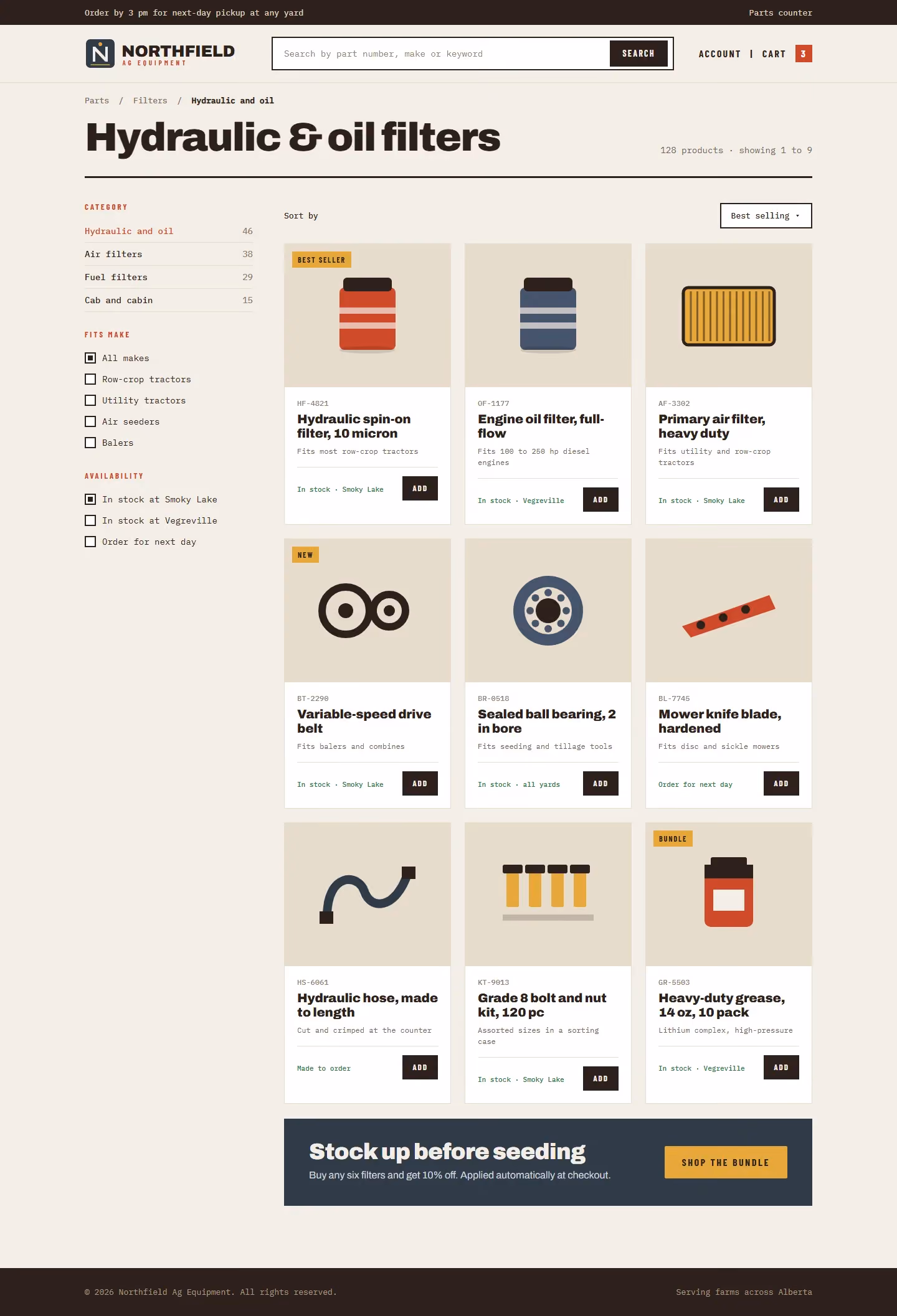 Northfield parts catalog page with filters and product grid