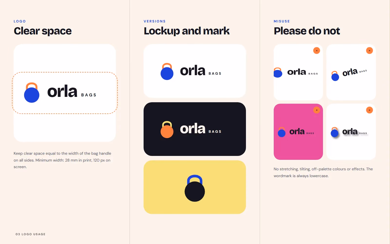 Orla Bags brand book logo clear space, versions and misuse