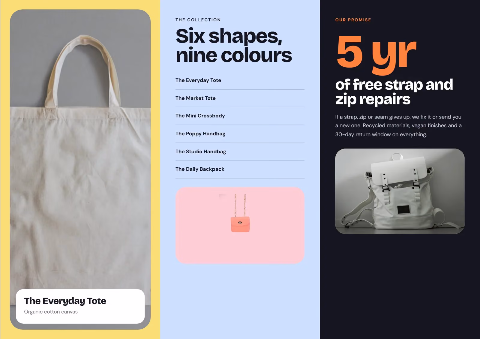 Orla Bags A4 tri-fold brochure, inside spread