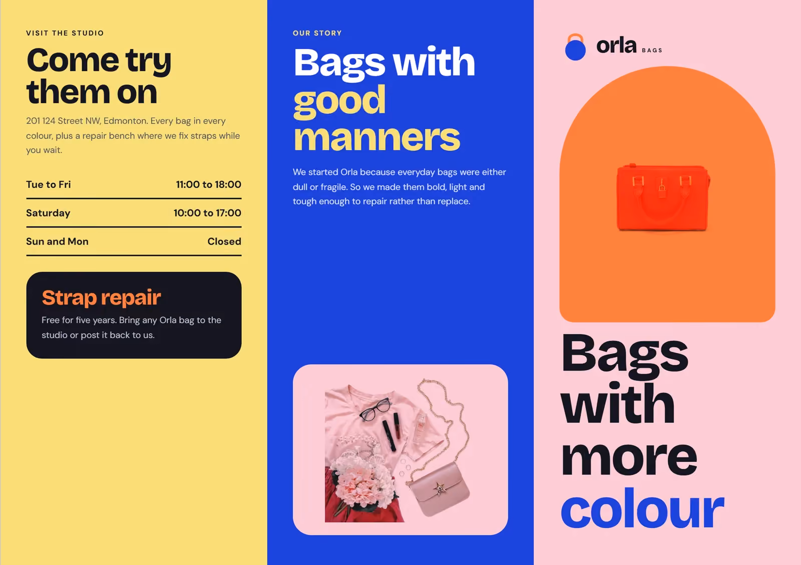 Orla Bags A4 tri-fold brochure, outside spread