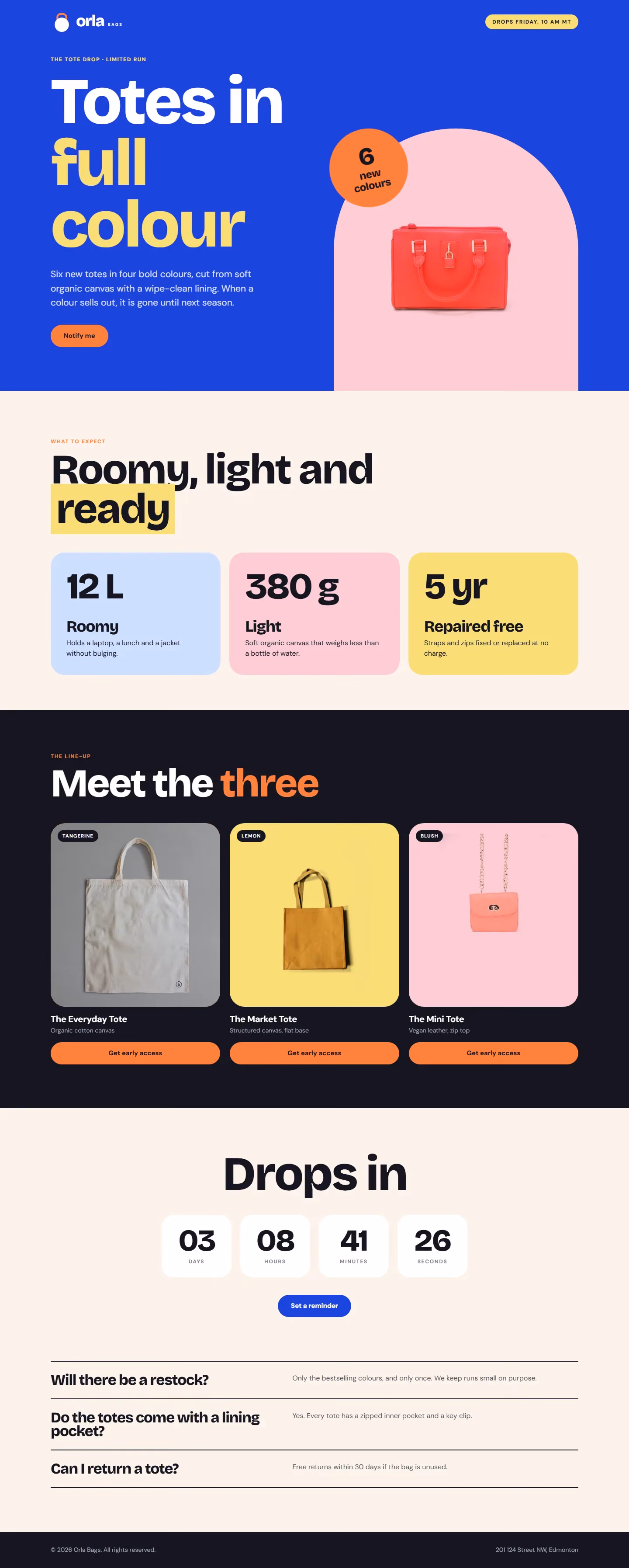 Orla Bags campaign landing page with offer, steps and booking form