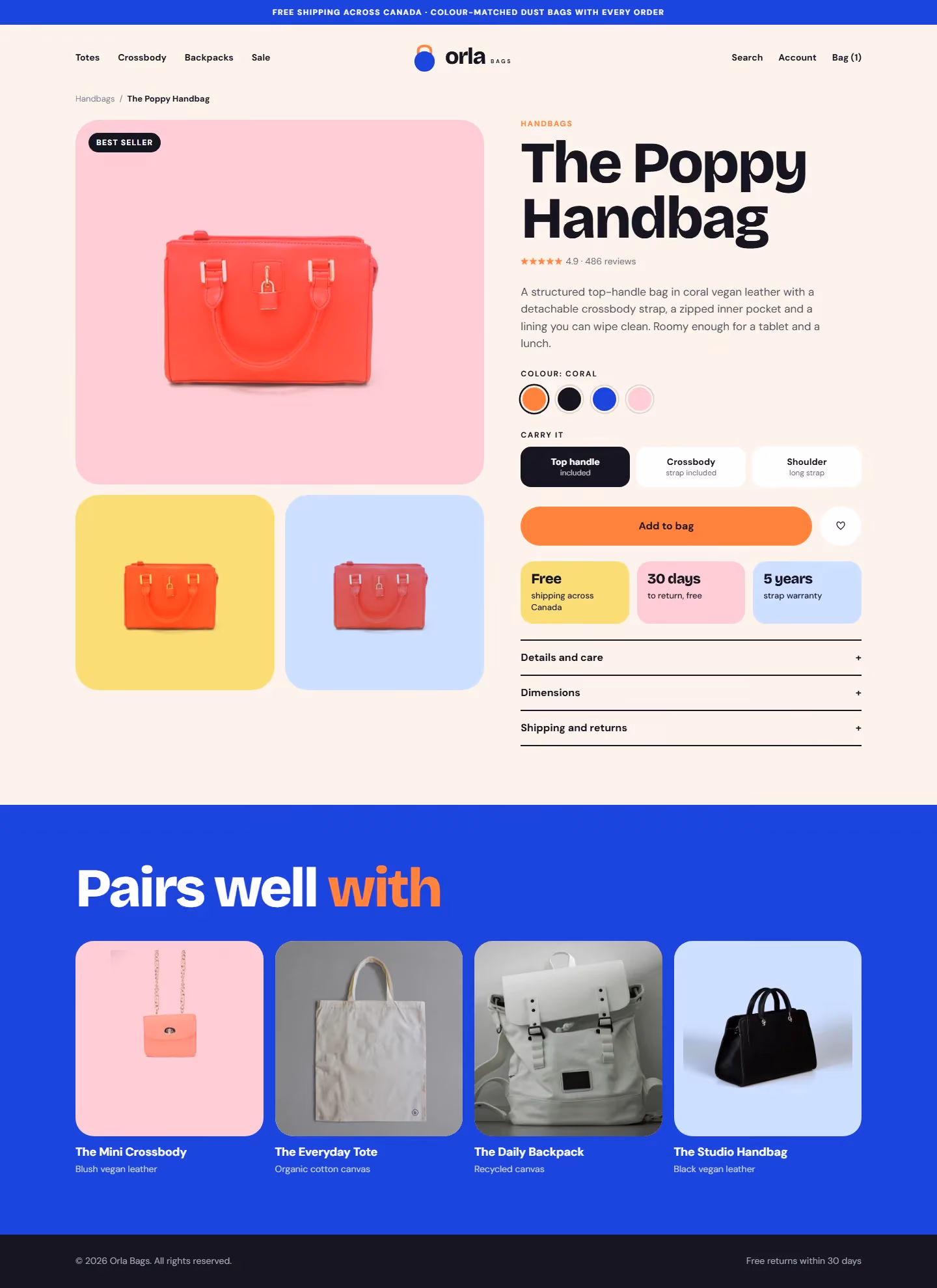 Orla product page with colour and carry options and cross-sells