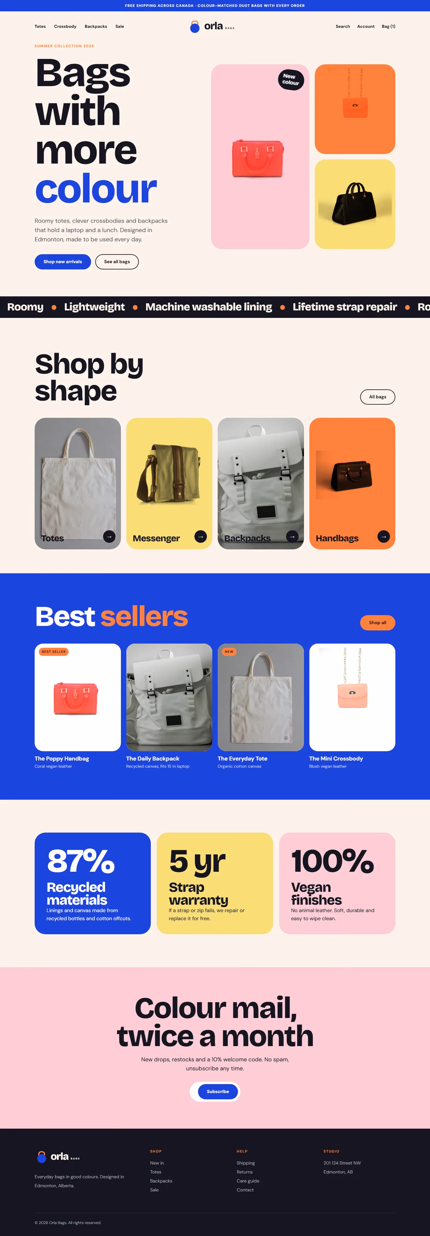 Orla Bags website home page on desktop