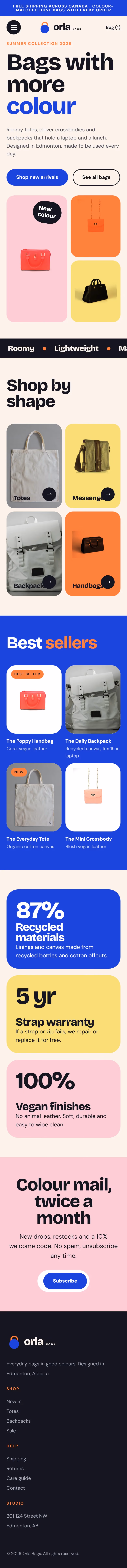 Orla Bags website home page on a phone