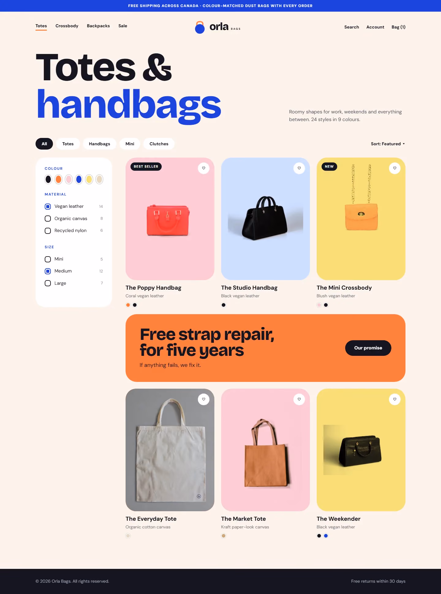 A colourful online store category page for a bag brand with filters and product cards