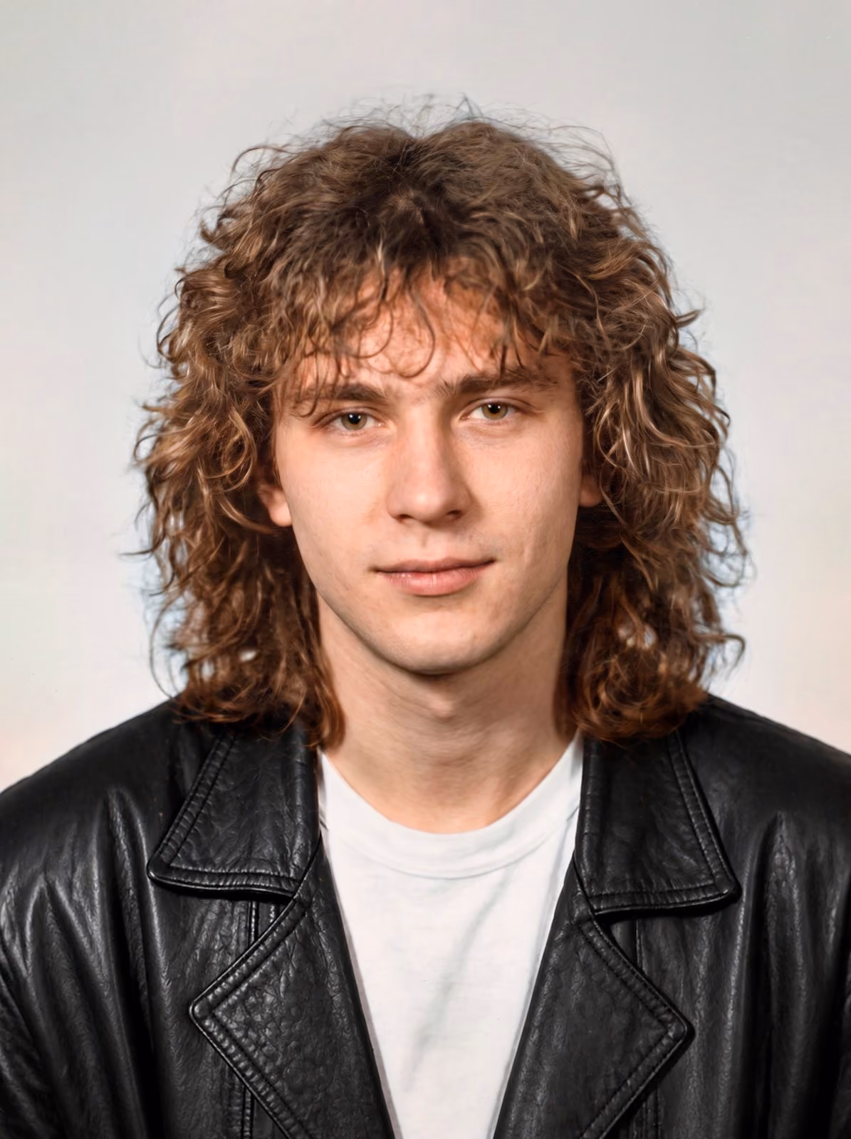 After: Portrait of a young man with curly hair in a leather jacket, restored from a cracked and spotted print