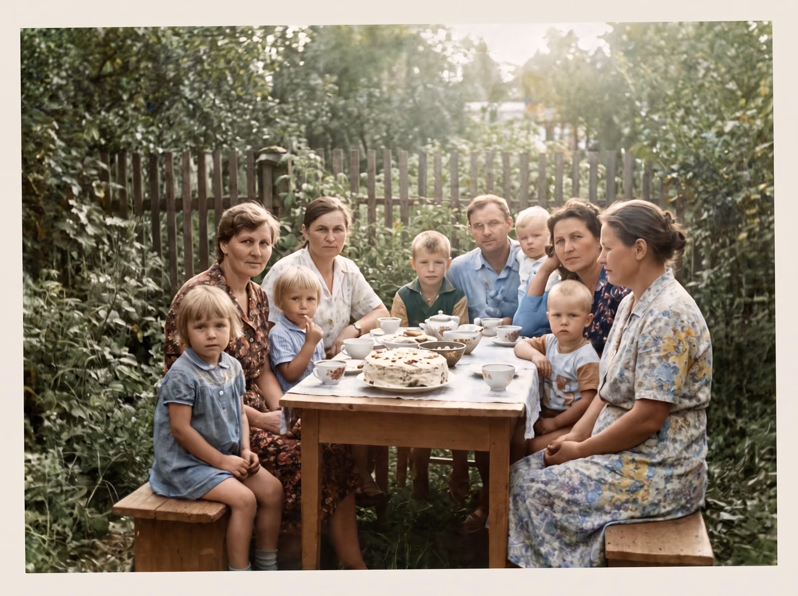 After: Large family gathered around a garden table with a cake, restored from a torn and faded print