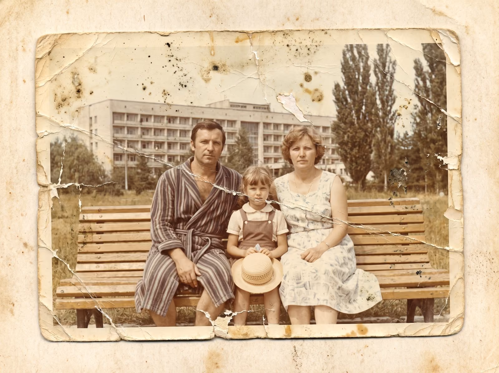 An old family photograph on a bench before scanning