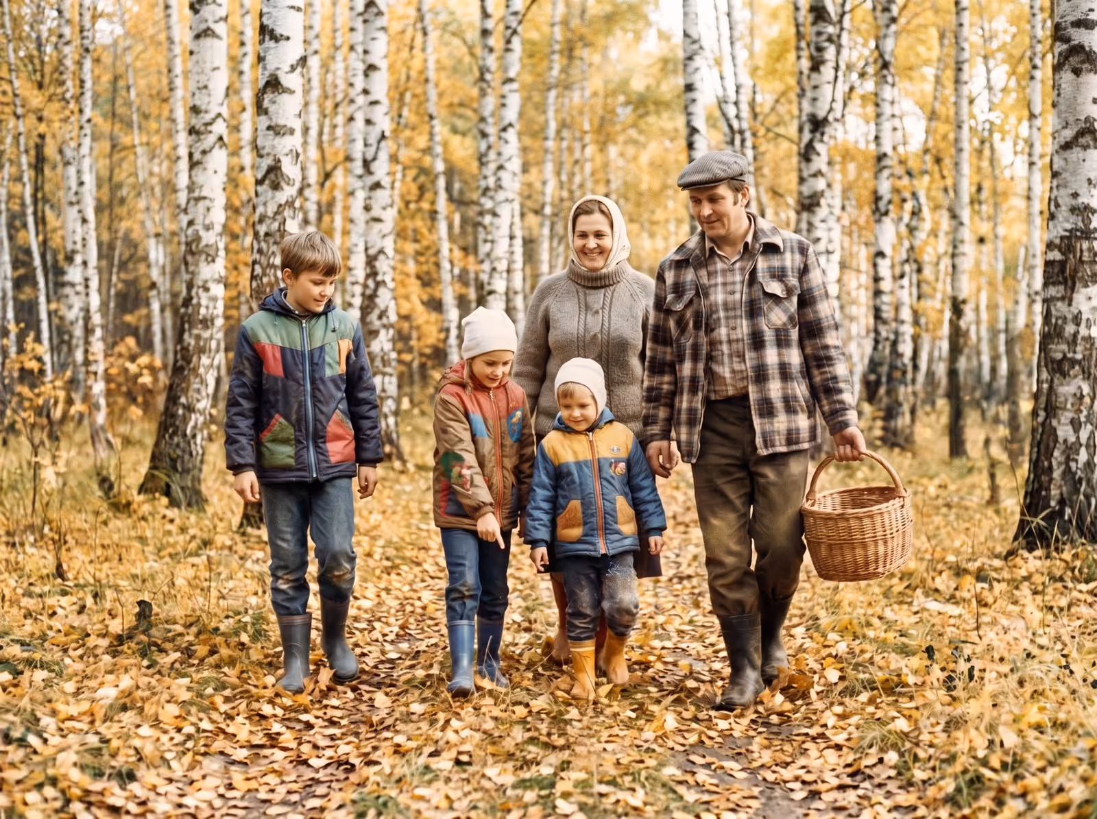 After: Family with a basket walking through a golden birch forest, restored from a torn and stained print