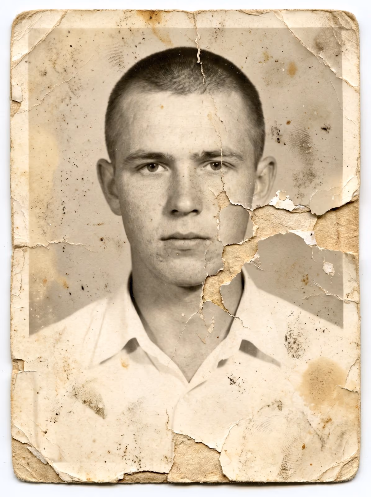 A cracked and stained portrait print of a young man, from a family archive that may also hold negatives