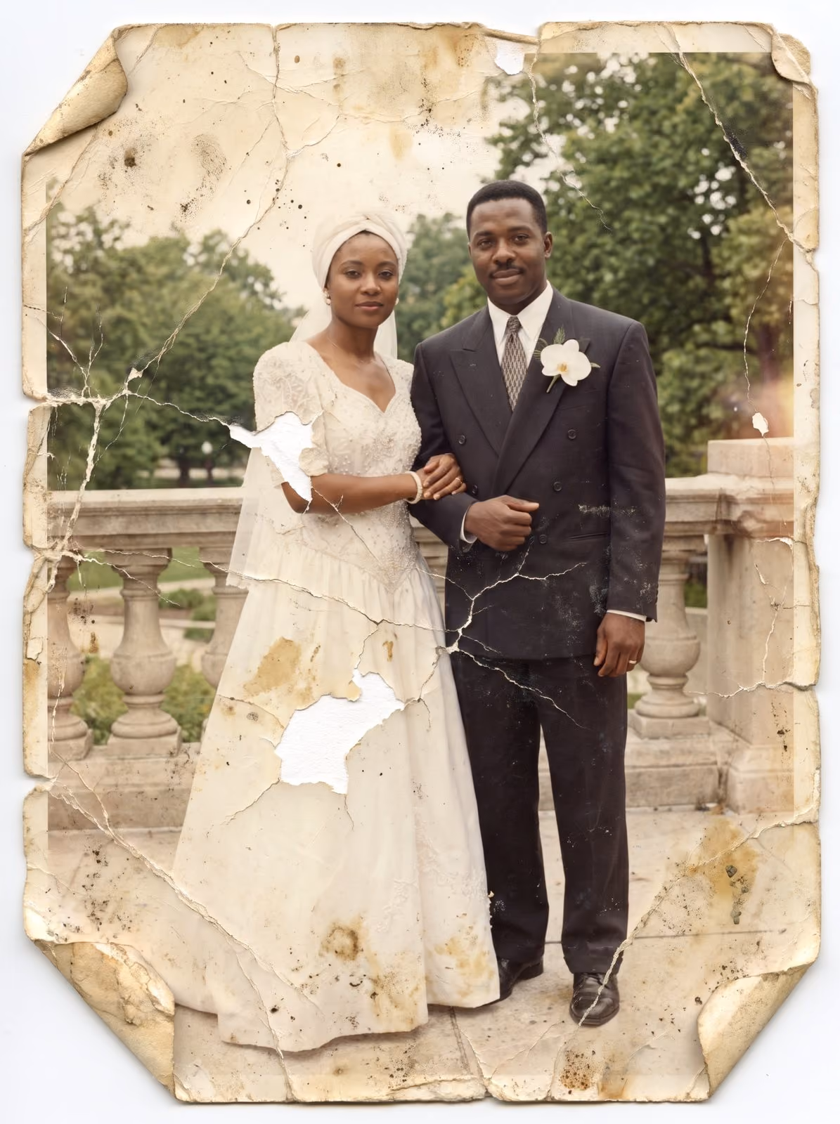 A torn and damaged wedding photograph on a stone terrace before restoration