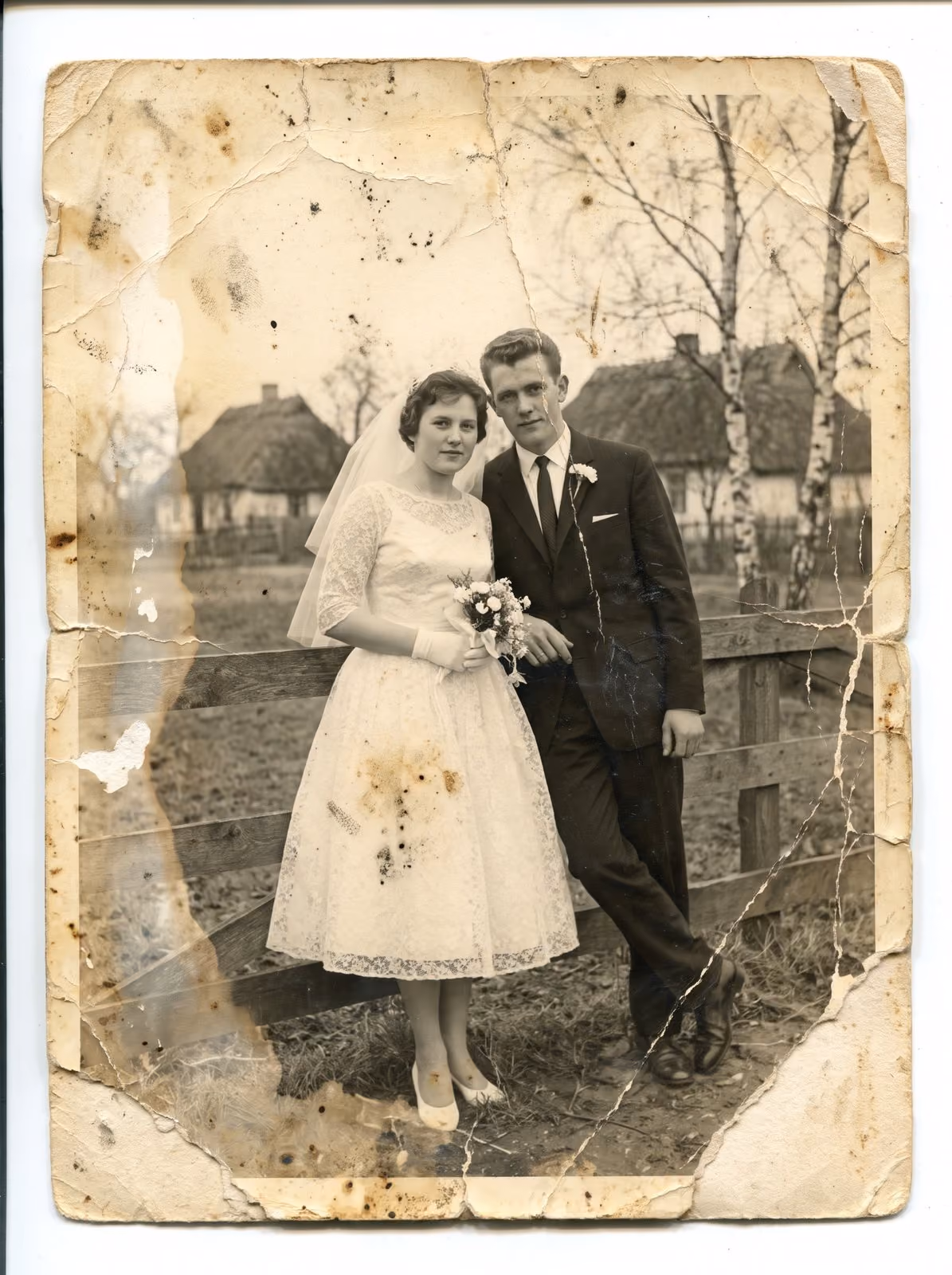 A faded black and white photograph of a bride and groom leaning on a wooden fence, from an old album