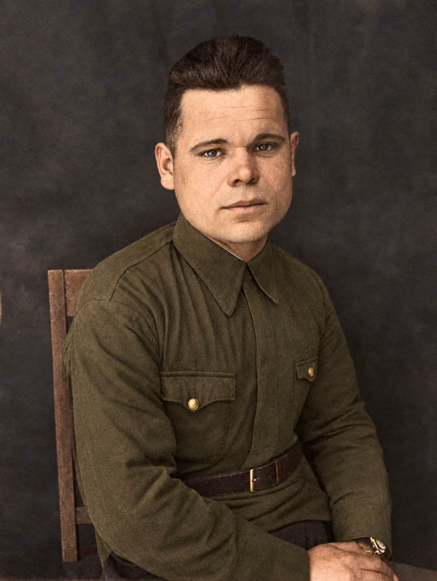 A restored portrait of a man in a military-style tunic