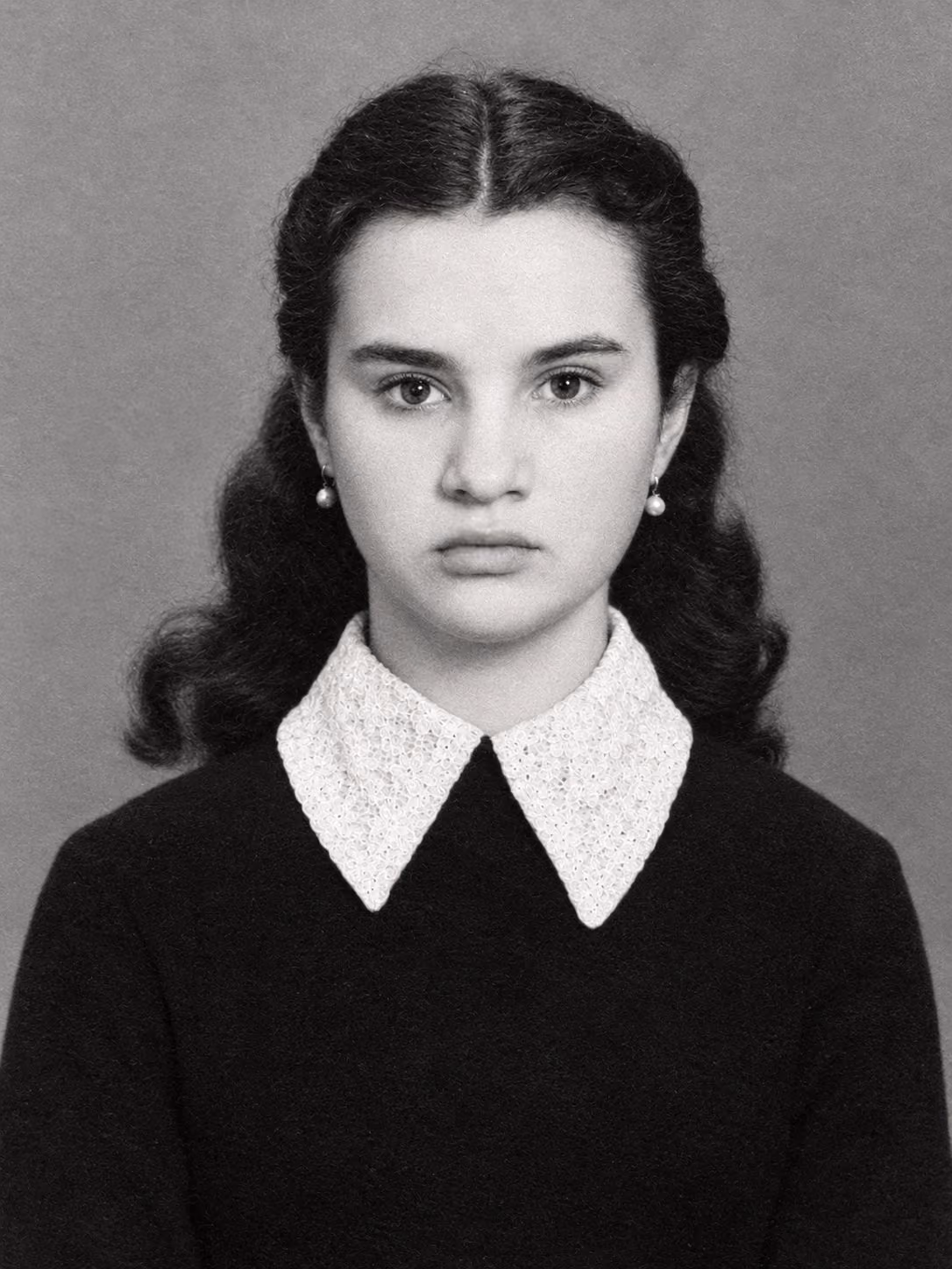 After: Portrait of a girl with braided dark hair in a dark dress with a white collar, restored from a worn print
