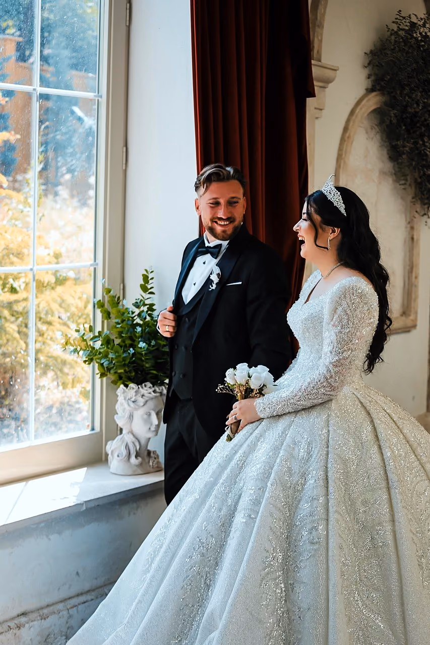 A wedding portrait in soft window light after editing