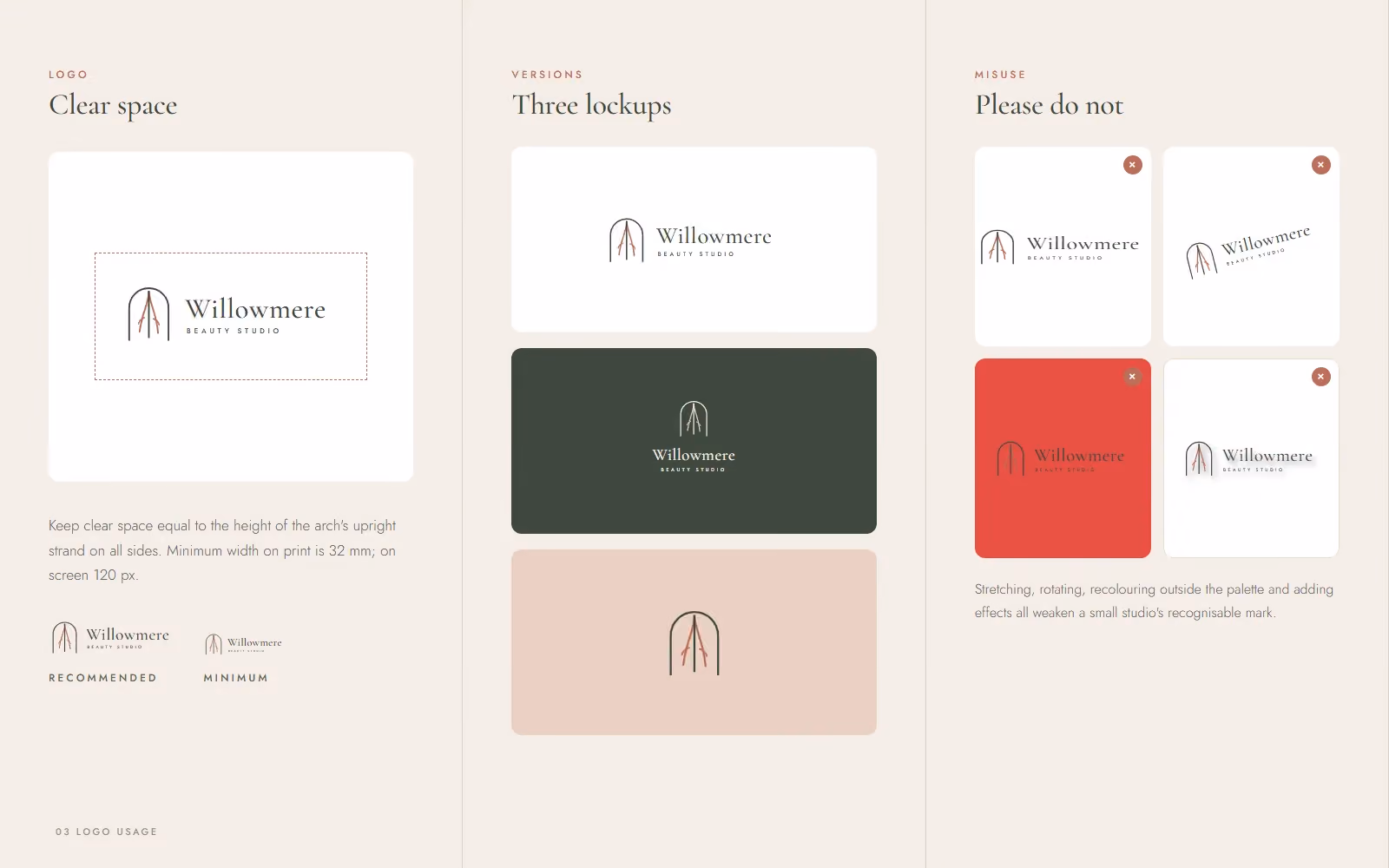 Willowmere Beauty Studio brand book logo clear space, versions and misuse