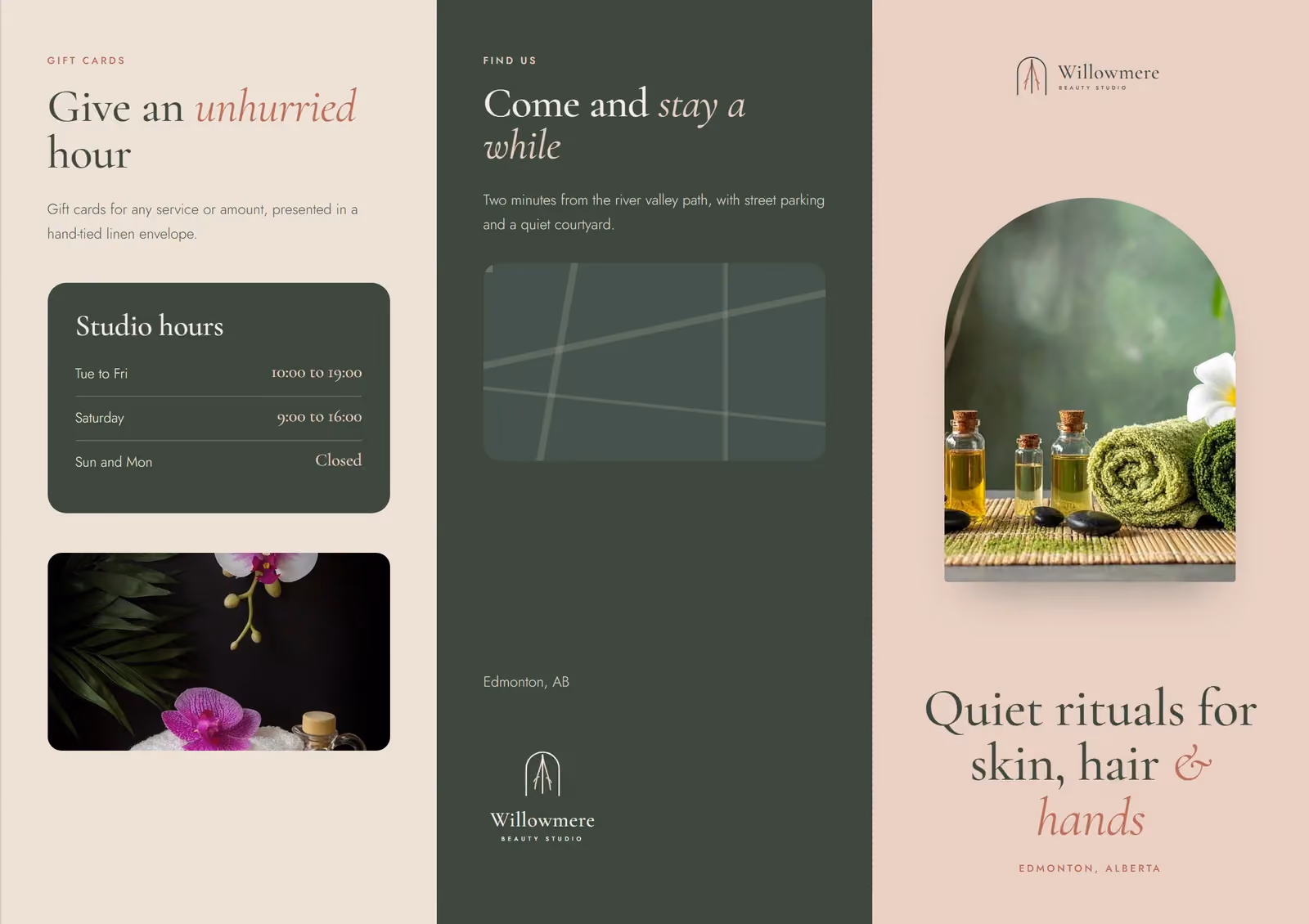 Willowmere Beauty Studio A4 tri-fold brochure, outside spread