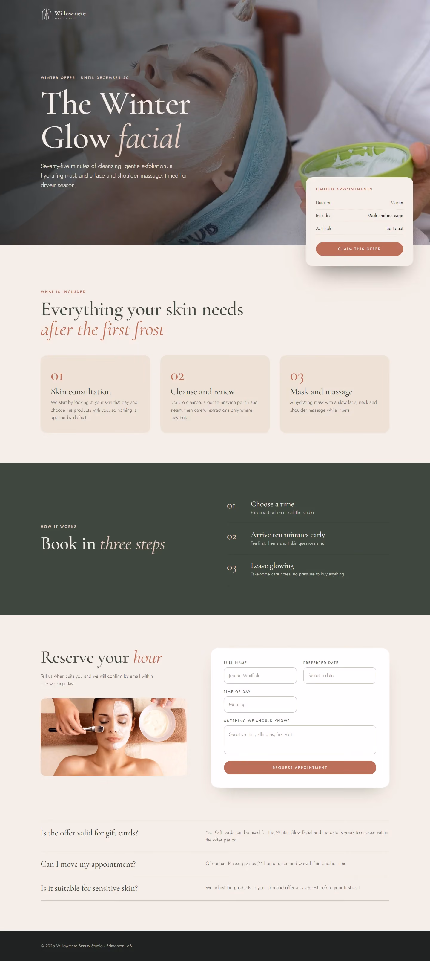 Willowmere Beauty Studio campaign landing page with offer, steps and booking form